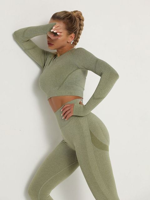 Women Tracksuit Breathable Bra Long Sleeve Top, High Waist Push Up Leggings